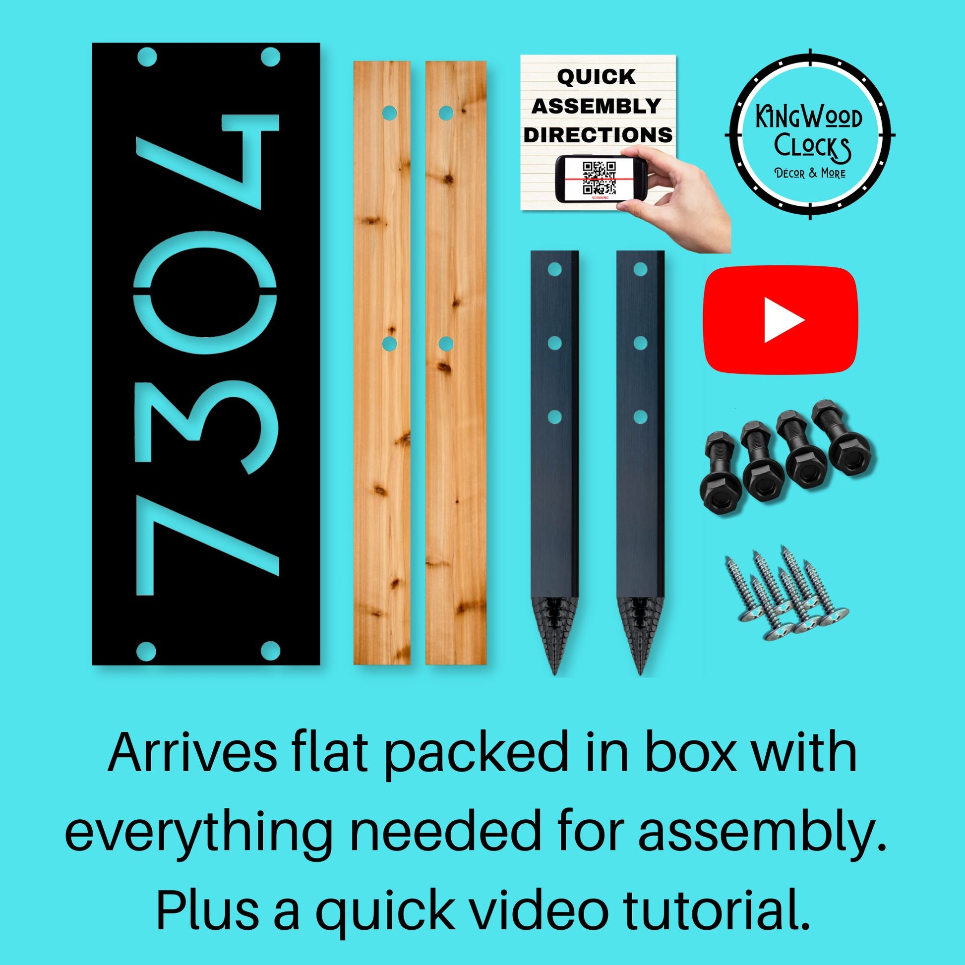 Wooden sign assembly kit with components and Kingwood Clocks branding on a blue background.