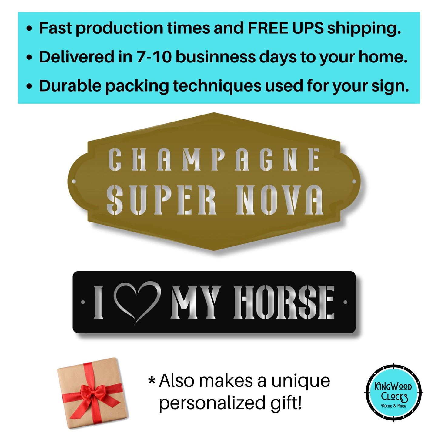 Decorative signs with text 'CHAMPAGNE SUPER NOVA' and 'I ❤️ MY HORSE' on a white background, with promotional text about product features.