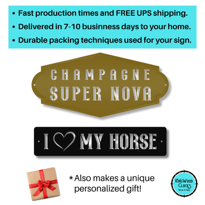Decorative signs with text 'CHAMPAGNE SUPER NOVA' and 'I ❤️ MY HORSE' on a white background, with promotional text about product features.