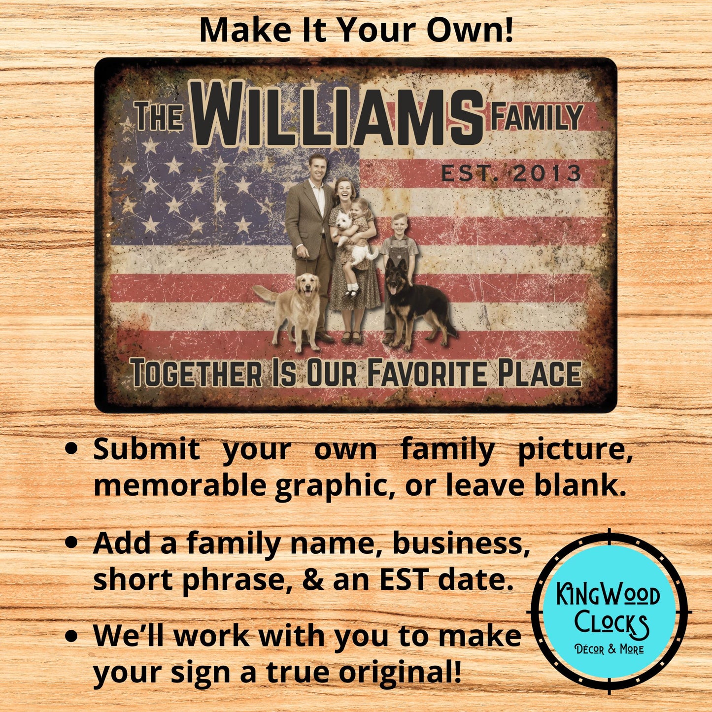 Advertisement for a family-themed sign with customizable text on a wooden background