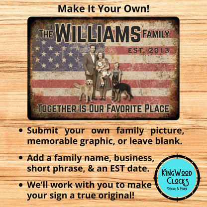 Advertisement for a family-themed sign with customizable text on a wooden background