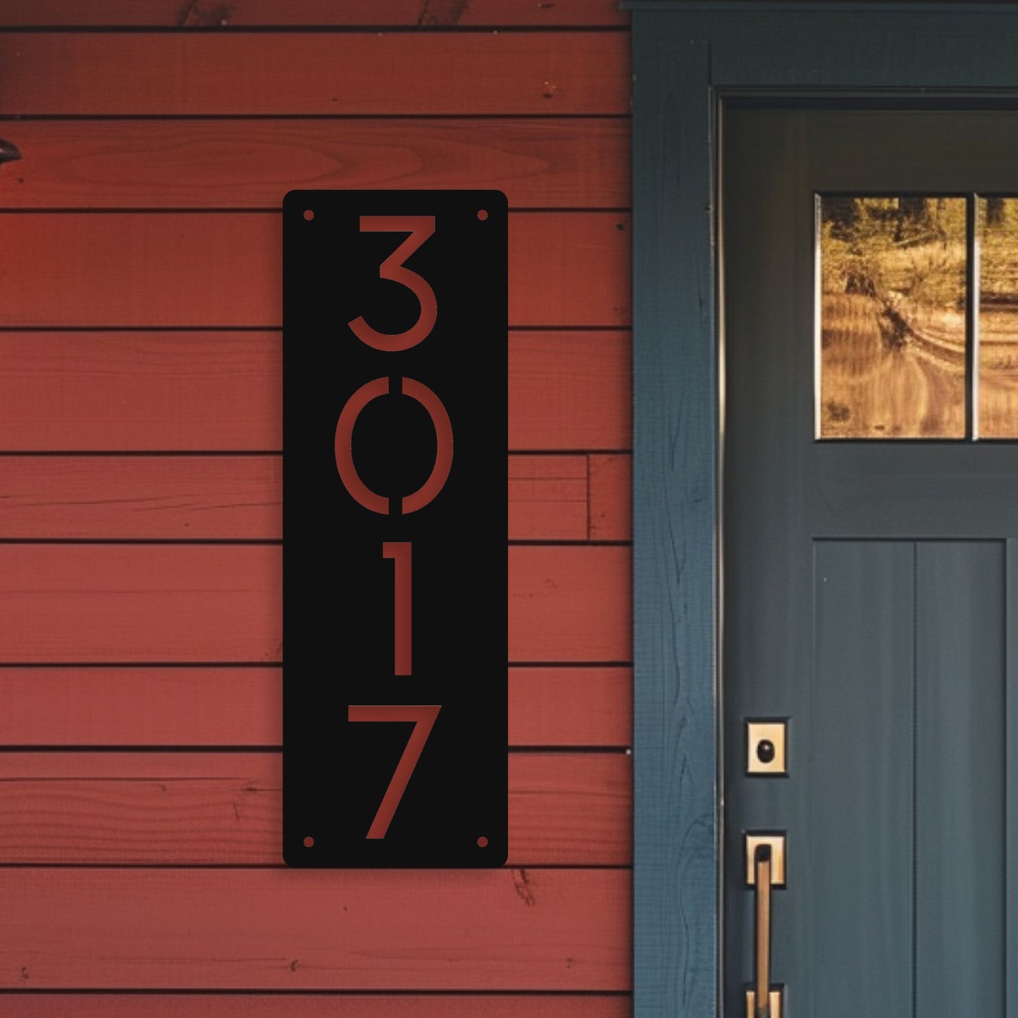 House number '3017' on a red wooden wall next to a blue door.