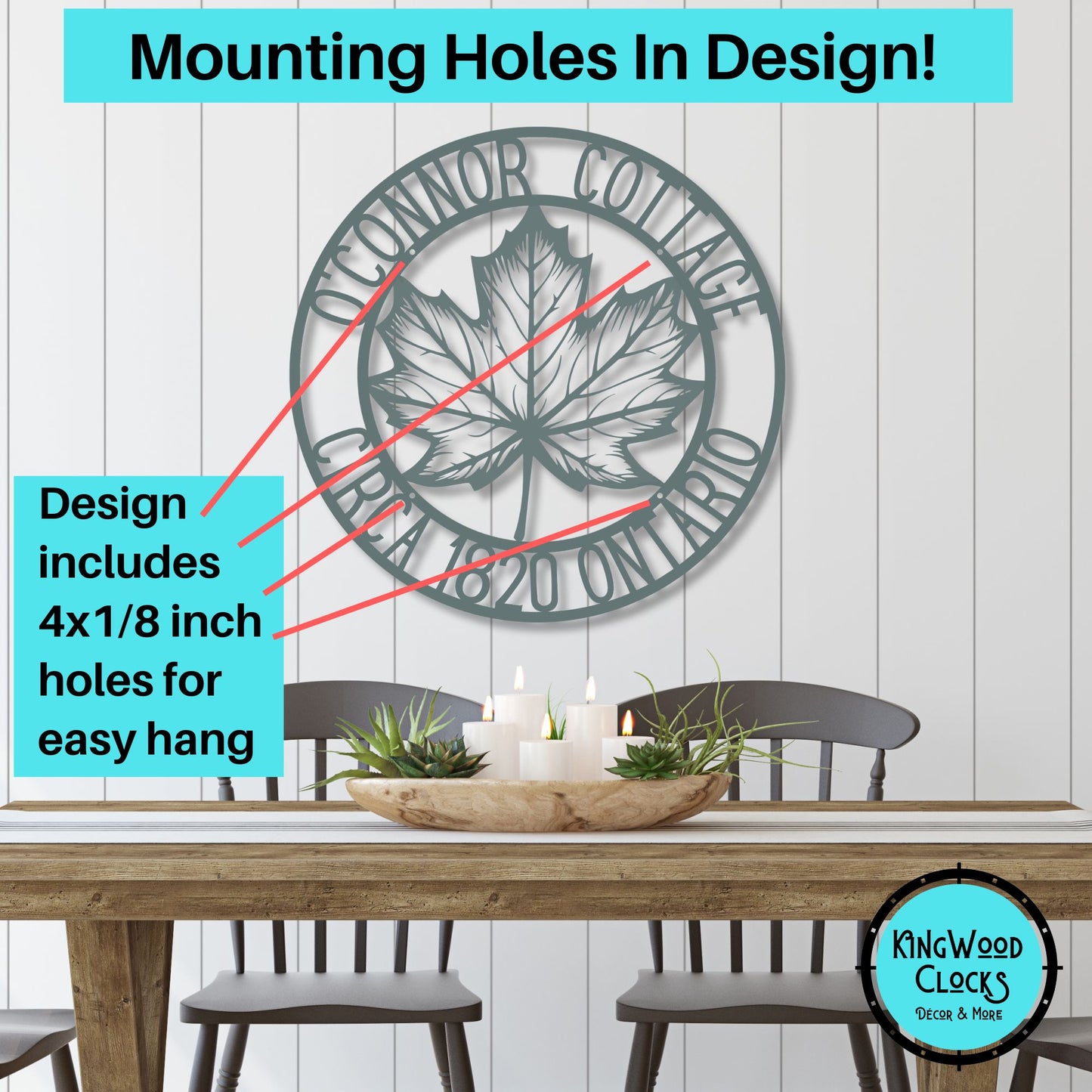 Metal wall clock with mounting holes on a dining room wall, featuring Kingwood Clocks branding.