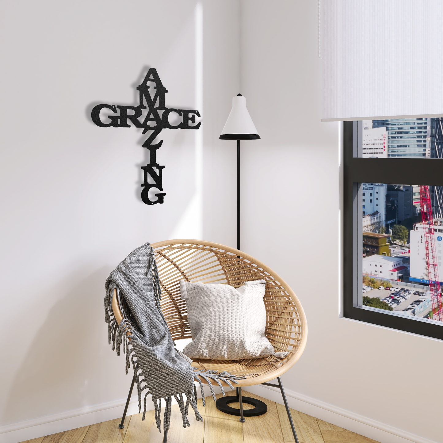 Amazing Grace Cross Metal Wall Art in reading nook