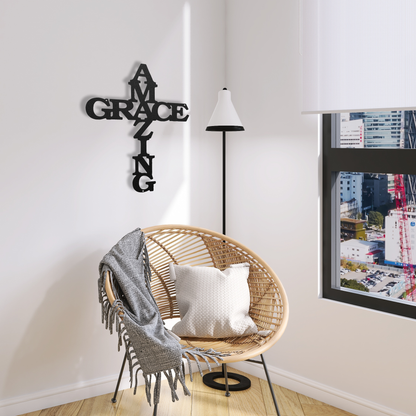 Amazing Grace Cross Metal Wall Art in reading nook