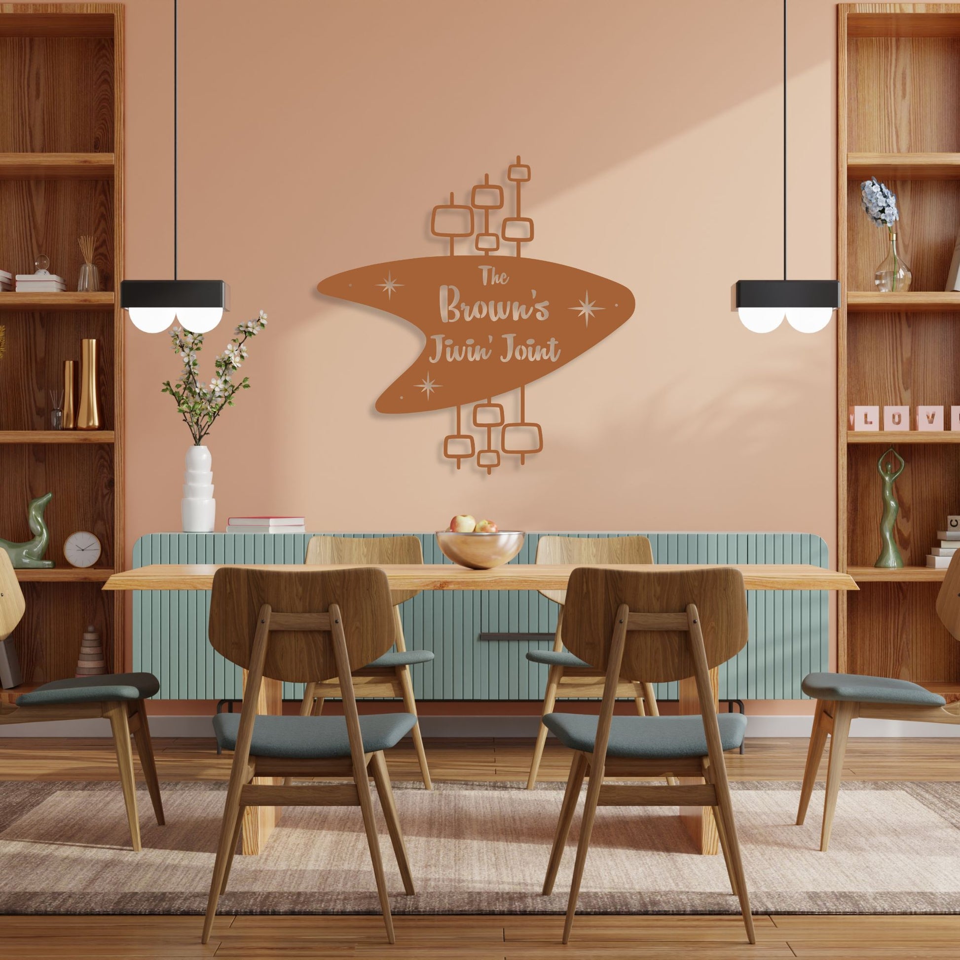Personalized Mid Century Modern Name Sign shown in copper hanging over MCM dining room