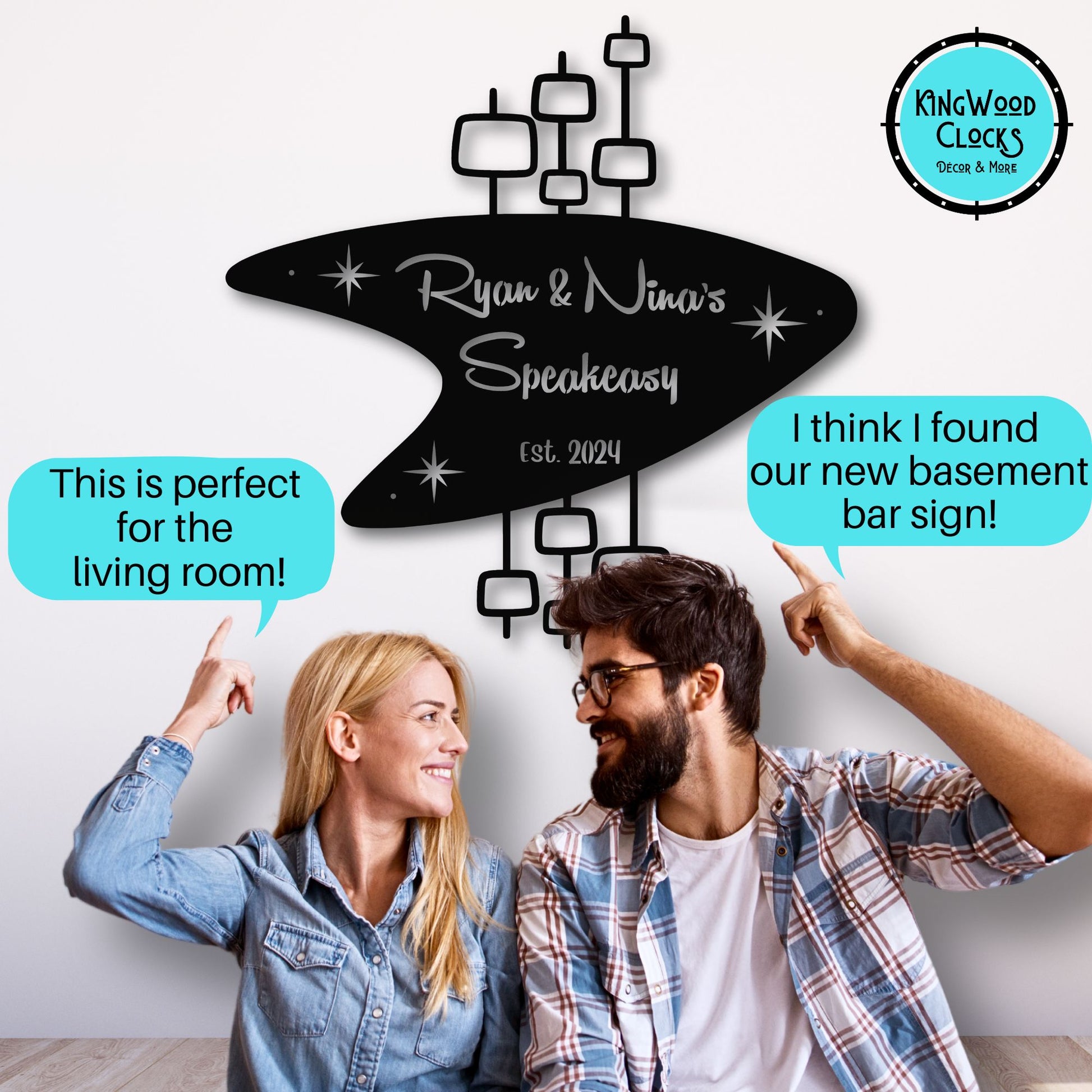 Personalized Mid Century Modern Name Sign with couple admiring their new custom metal signage