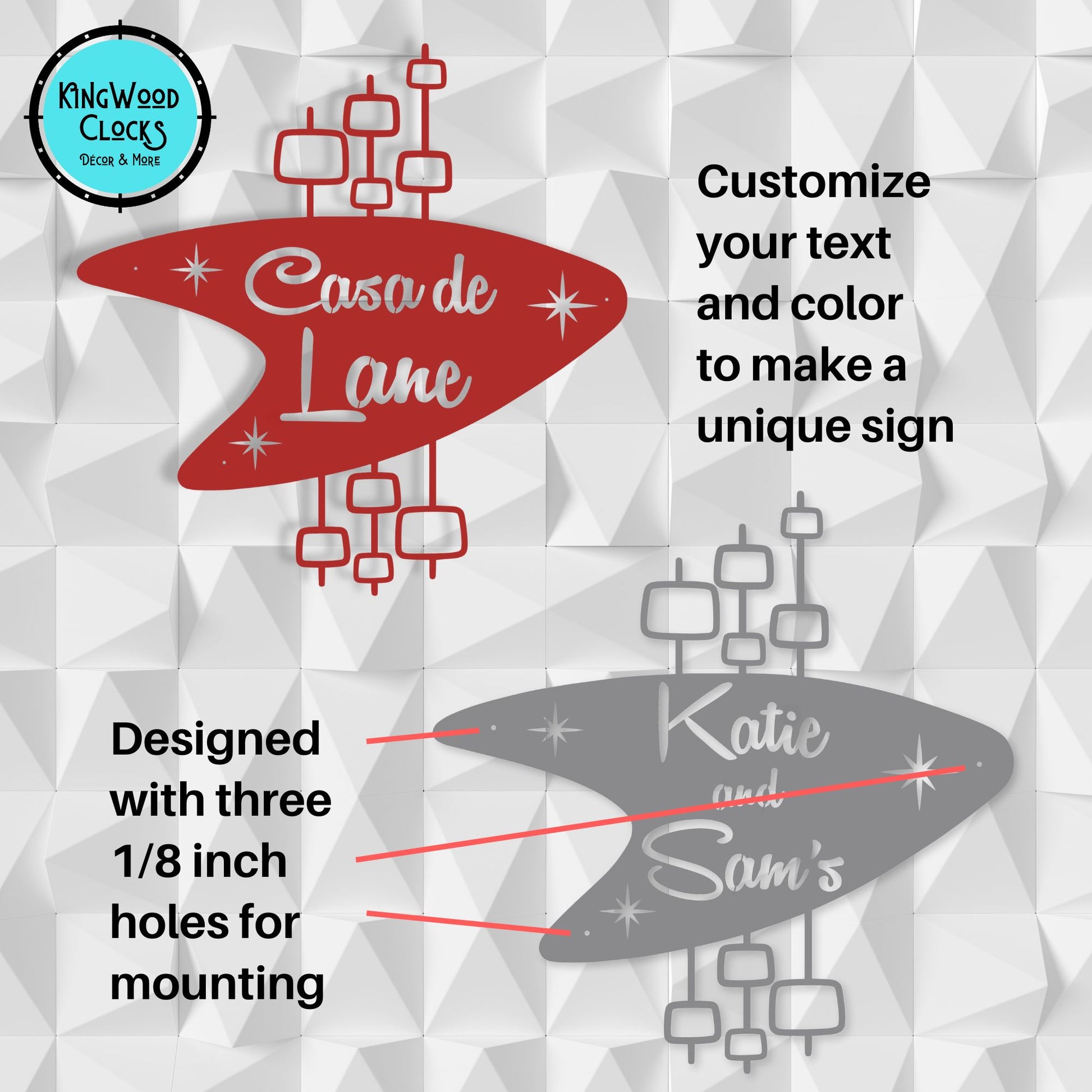 Personalized Mid Century Modern Name Sign customize and holes infographic