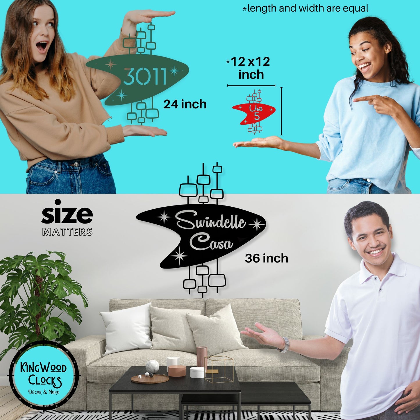 Personalized Mid Century Modern Name Sign size matters infographic