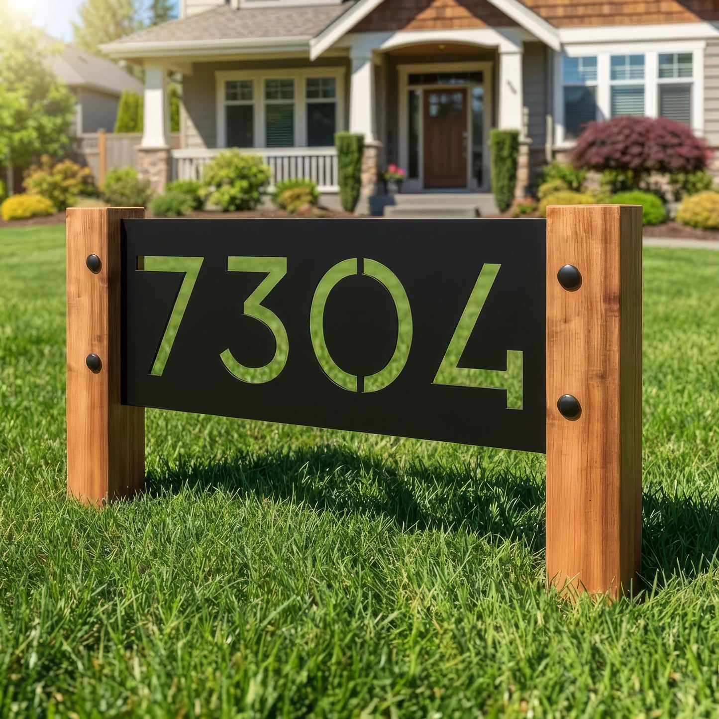 House number sign '7304' on a grassy lawn with a house in the background