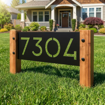 House number sign '7304' on a grassy lawn with a house in the background