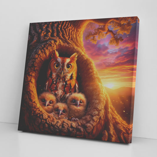 Sunset Owls Canvas Wall Art, Red Morph Screech Owl