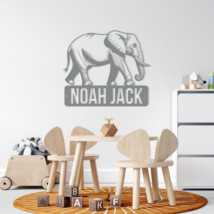 Customized Name Sign, Wise Elephant Metal Wall Art, Boy's Over Bed Bedroom Decor, Kids Animal Theme Playroom Decorations, Son & Grandson Gift