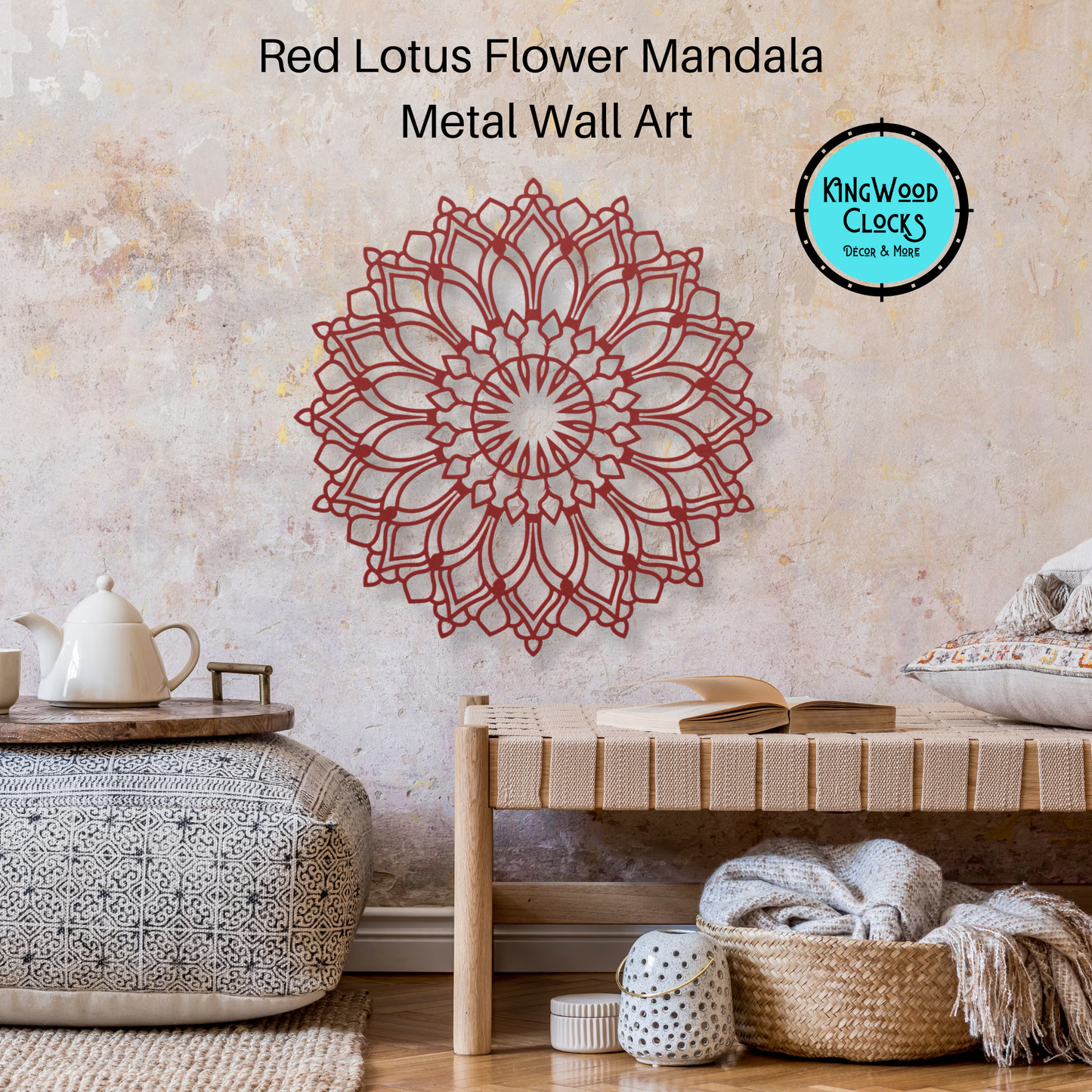 lotus flower metal wall art in red boho living space