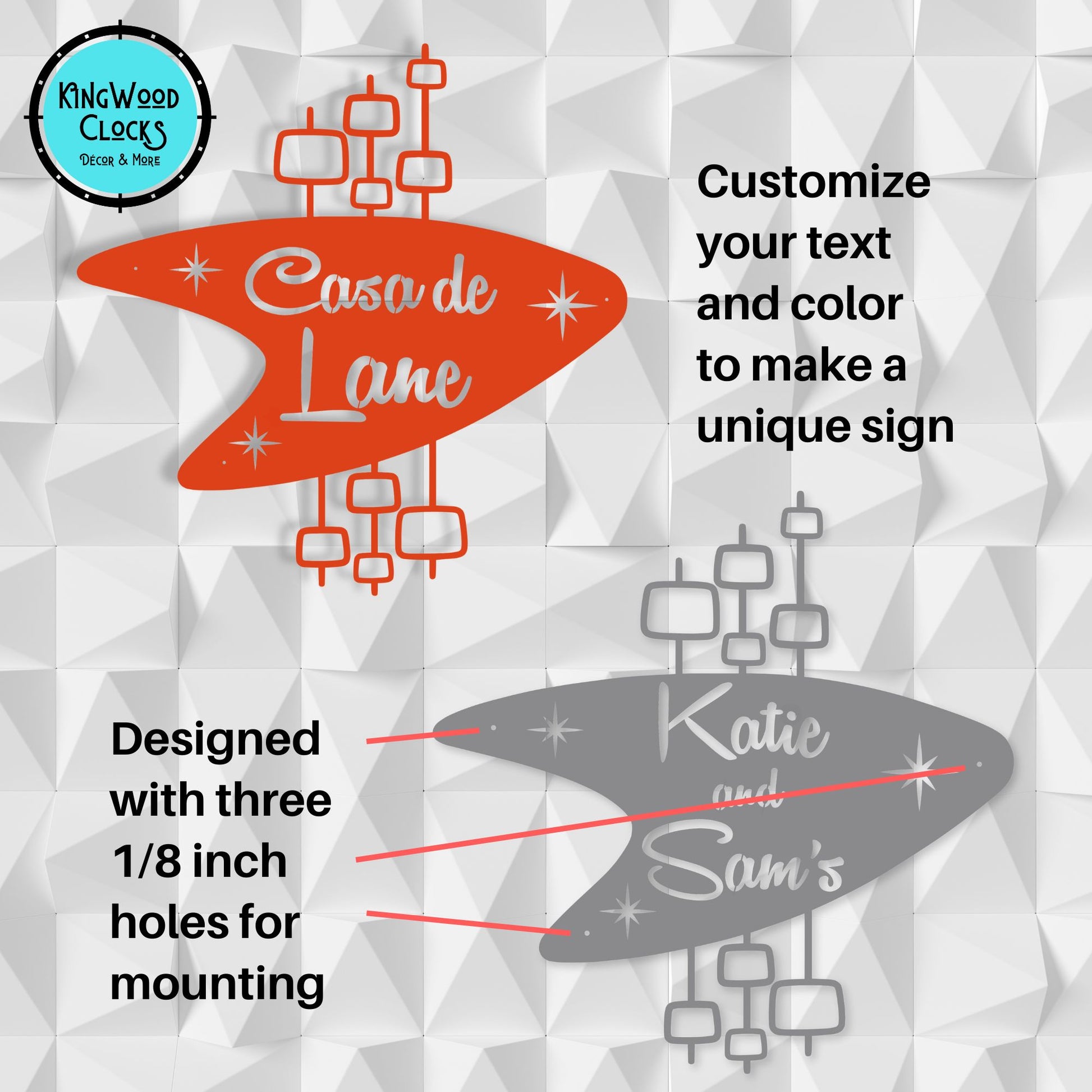 Personalized Mid Century Modern Name Sign customize and holes infographic