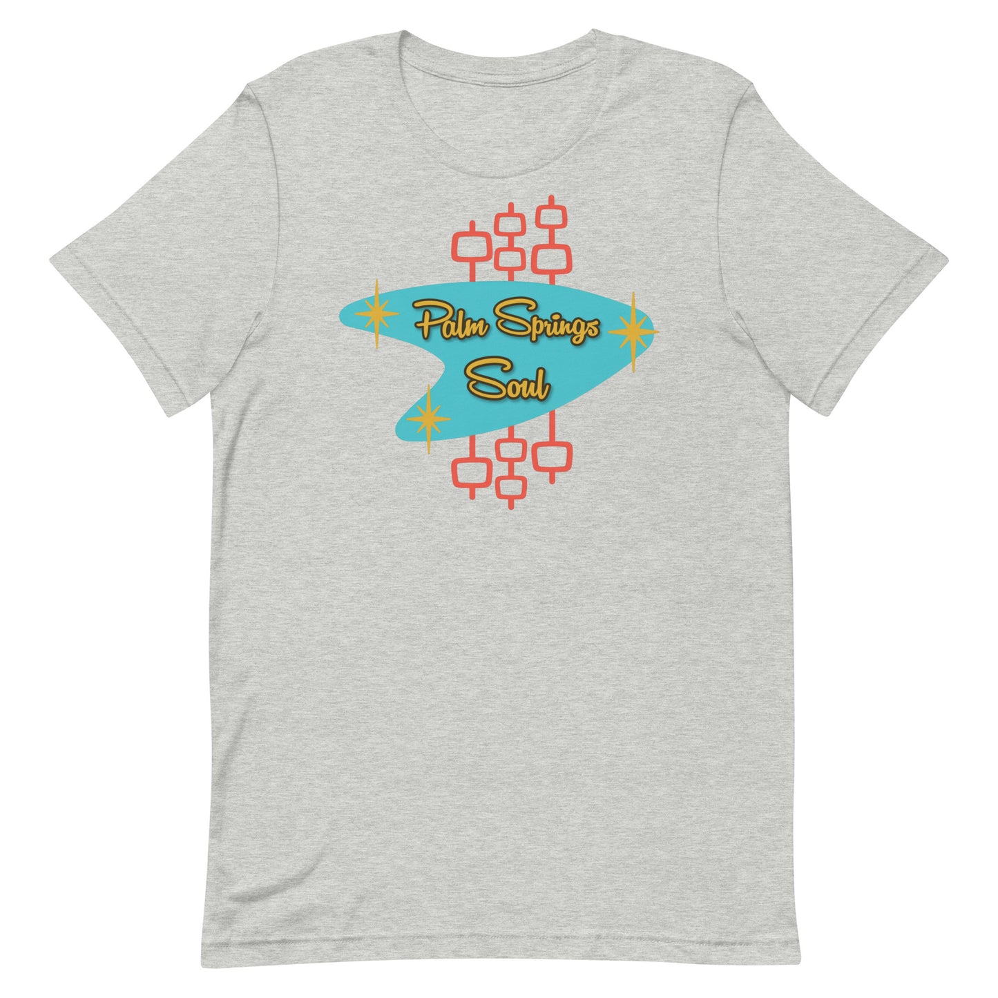 Athletic Heather Gray t-shirt with 'Palm Springs Soul' design on a white background