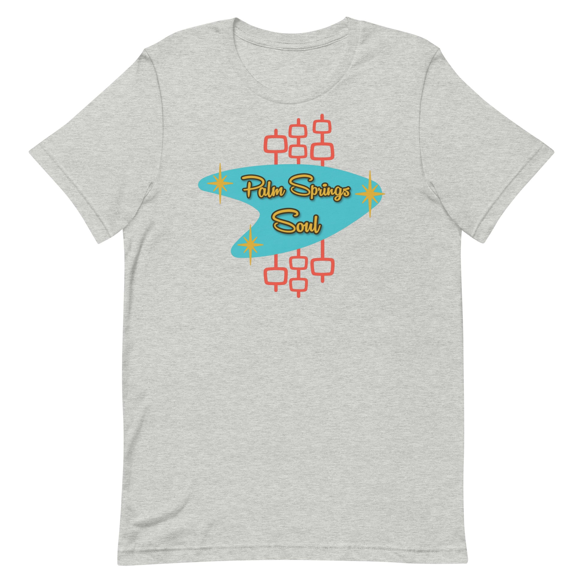 Athletic Heather Gray t-shirt with 'Palm Springs Soul' design on a white background
