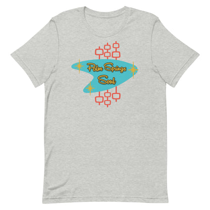 Athletic Heather Gray t-shirt with 'Palm Springs Soul' design on a white background