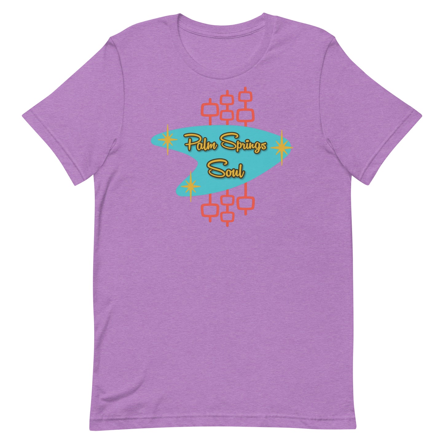 Heather Team Purple t-shirt with 'Palm Springs Soul' design on a white background