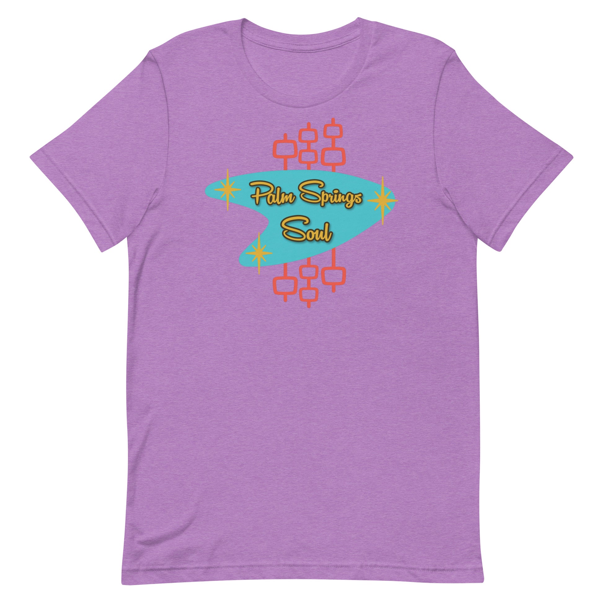 Heather Team Purple t-shirt with 'Palm Springs Soul' design on a white background