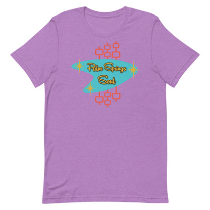 Heather Team Purple t-shirt with 'Palm Springs Soul' design on a white background