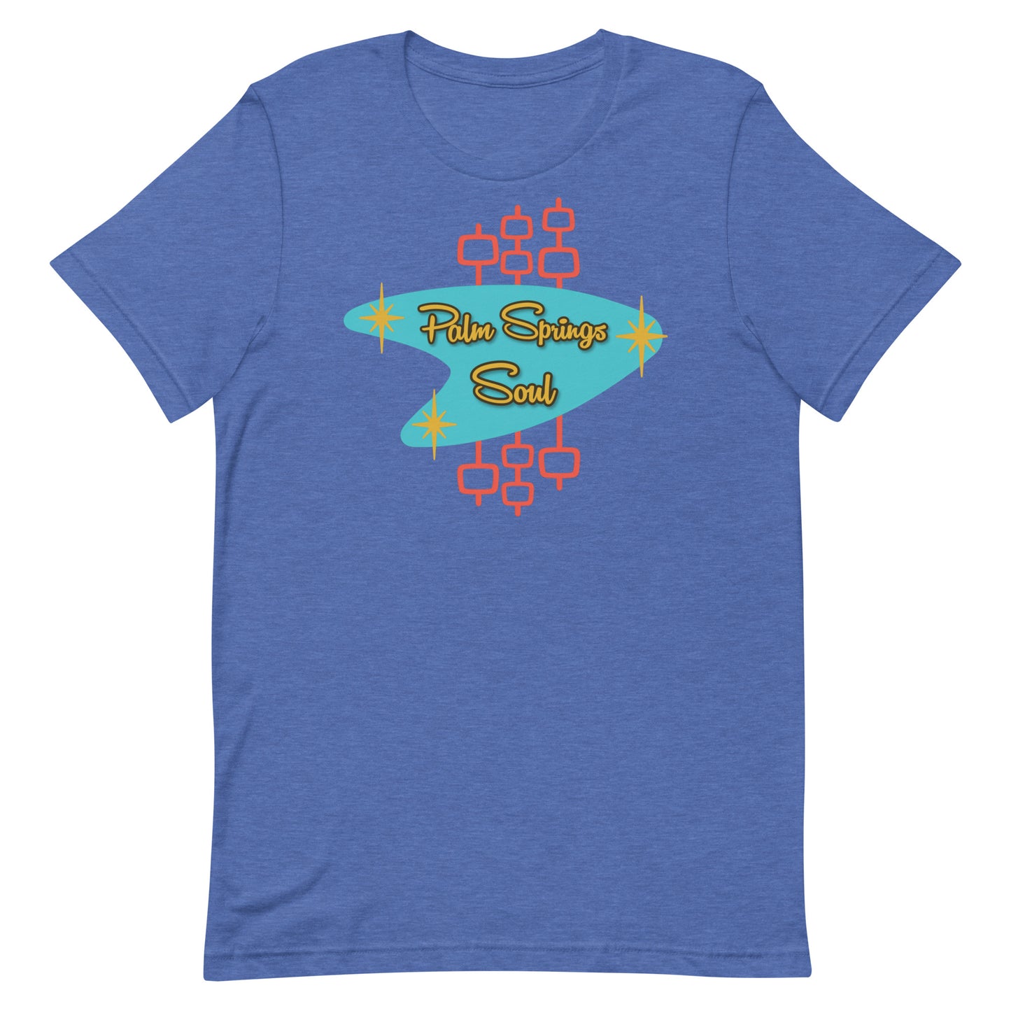 Heather True Royal Blue t-shirt with 'Palm Springs Soul' graphic design on a white background
