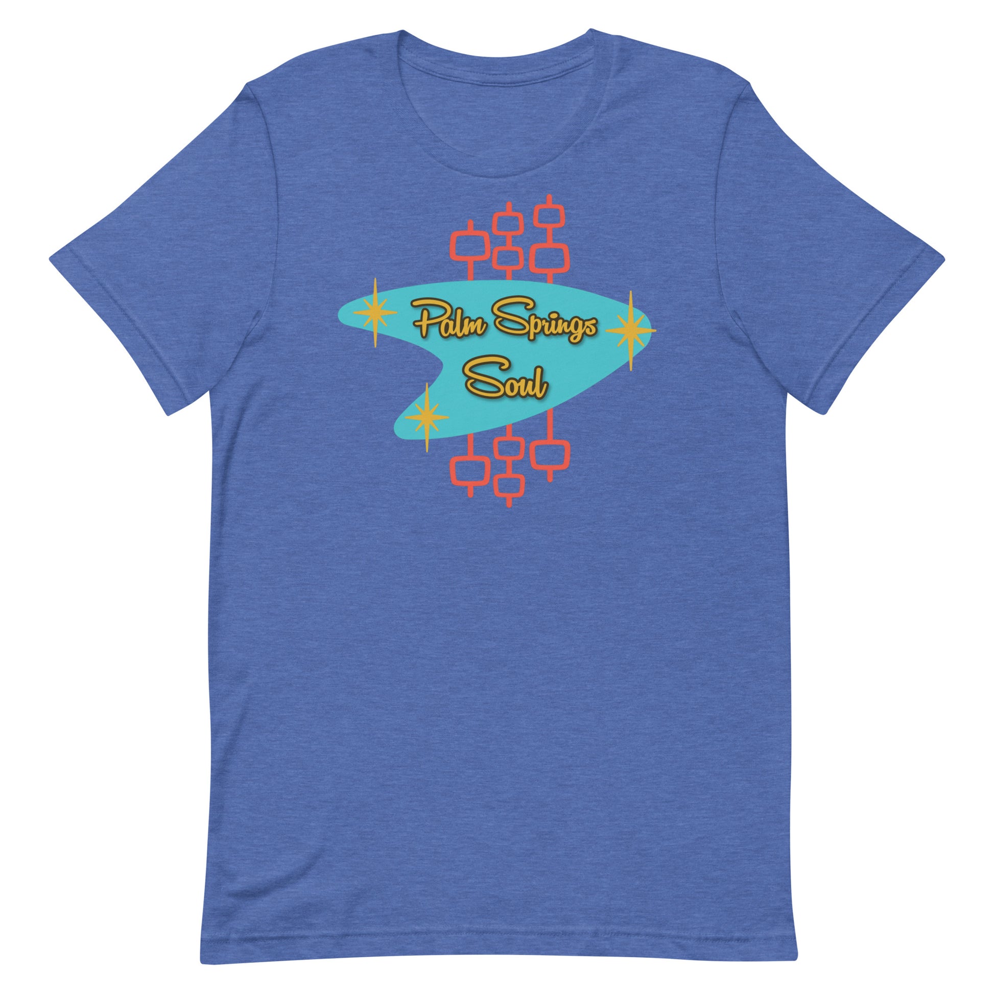 Heather True Royal Blue t-shirt with 'Palm Springs Soul' graphic design on a white background