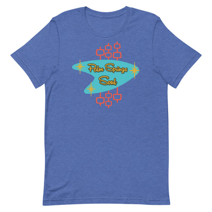 Heather True Royal Blue t-shirt with 'Palm Springs Soul' graphic design on a white background