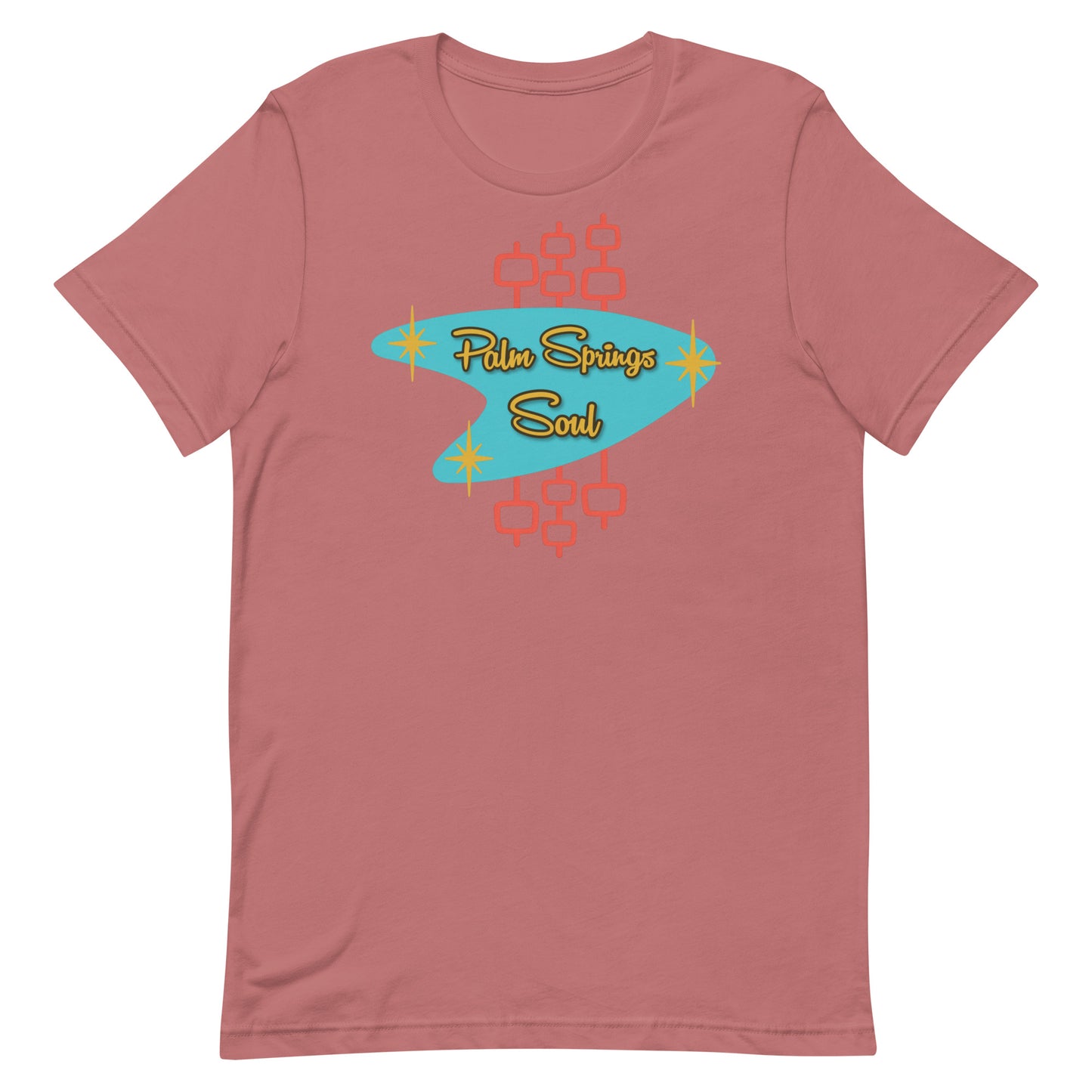 Mauve t-shirt with 'Palm Springs Soul' graphic design on a white background
