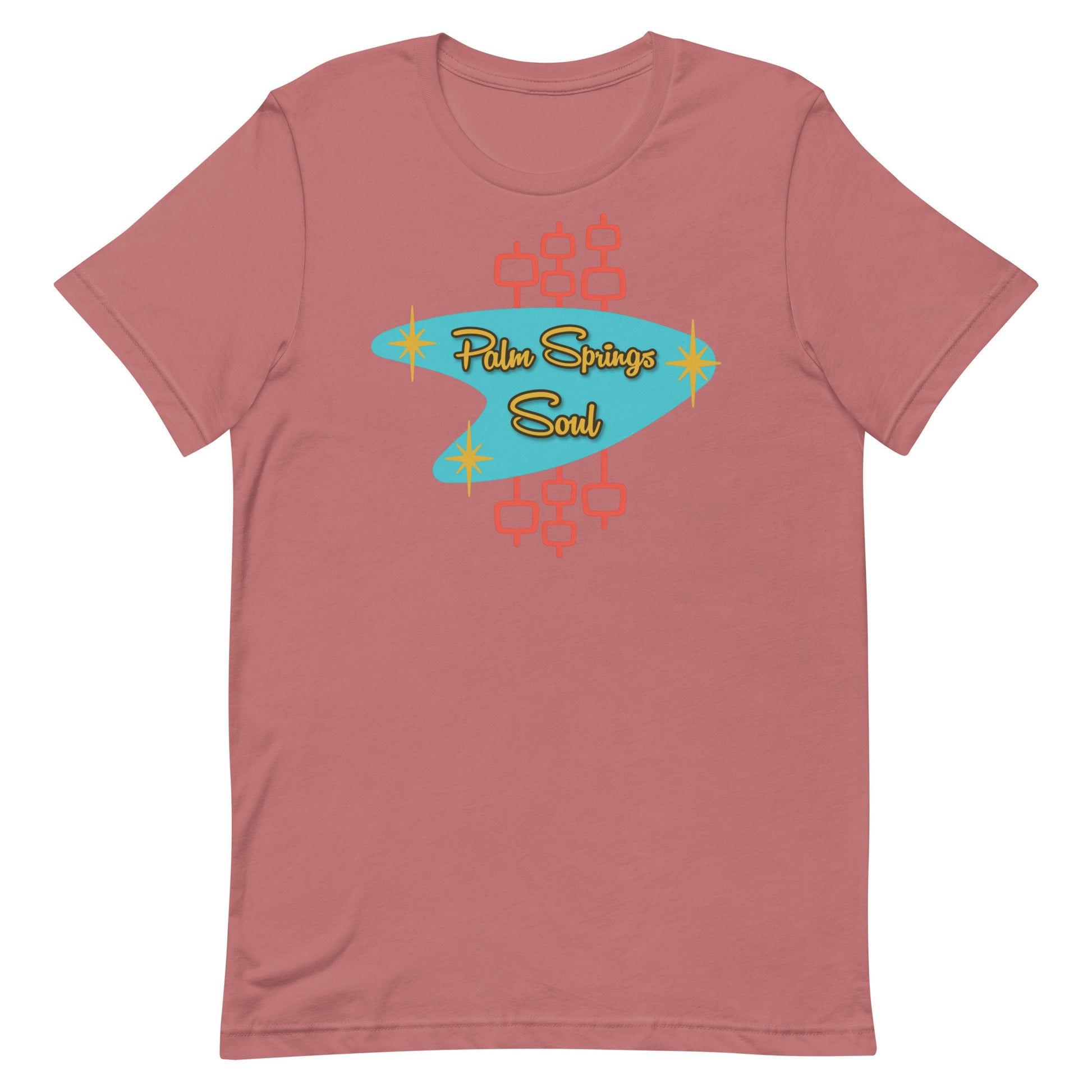 Mauve t-shirt with 'Palm Springs Soul' graphic design on a white background