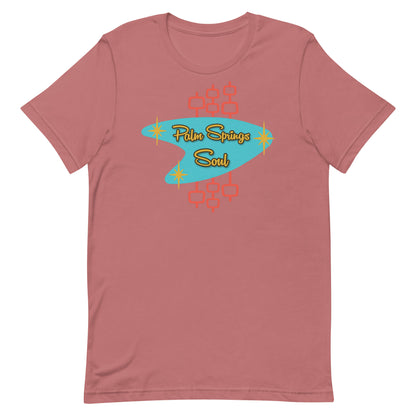 Mauve t-shirt with 'Palm Springs Soul' graphic design on a white background