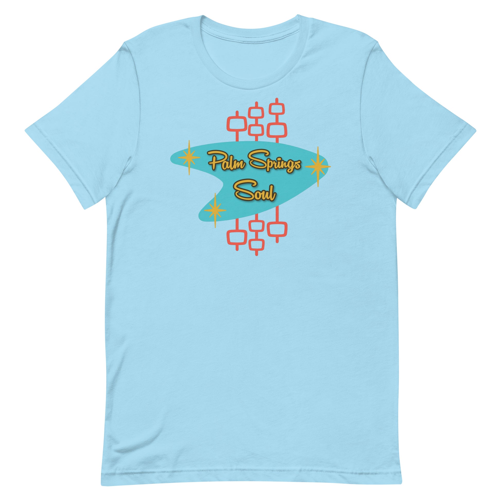 Ocean Blue t-shirt with 'Palm Springs Soul' design on a white background