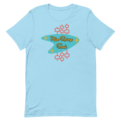 Ocean Blue t-shirt with 'Palm Springs Soul' design on a white background