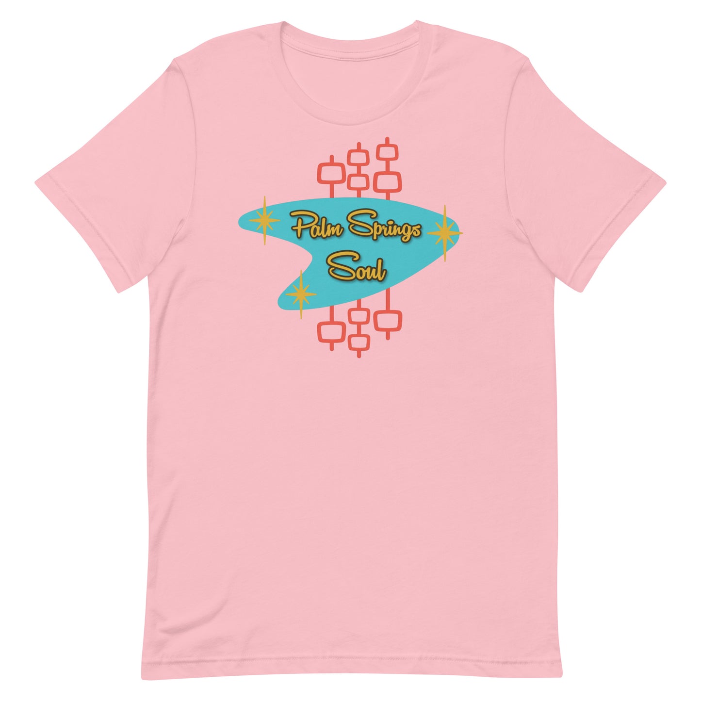 Pink t-shirt with 'Palm Springs Soul' design on a white background
