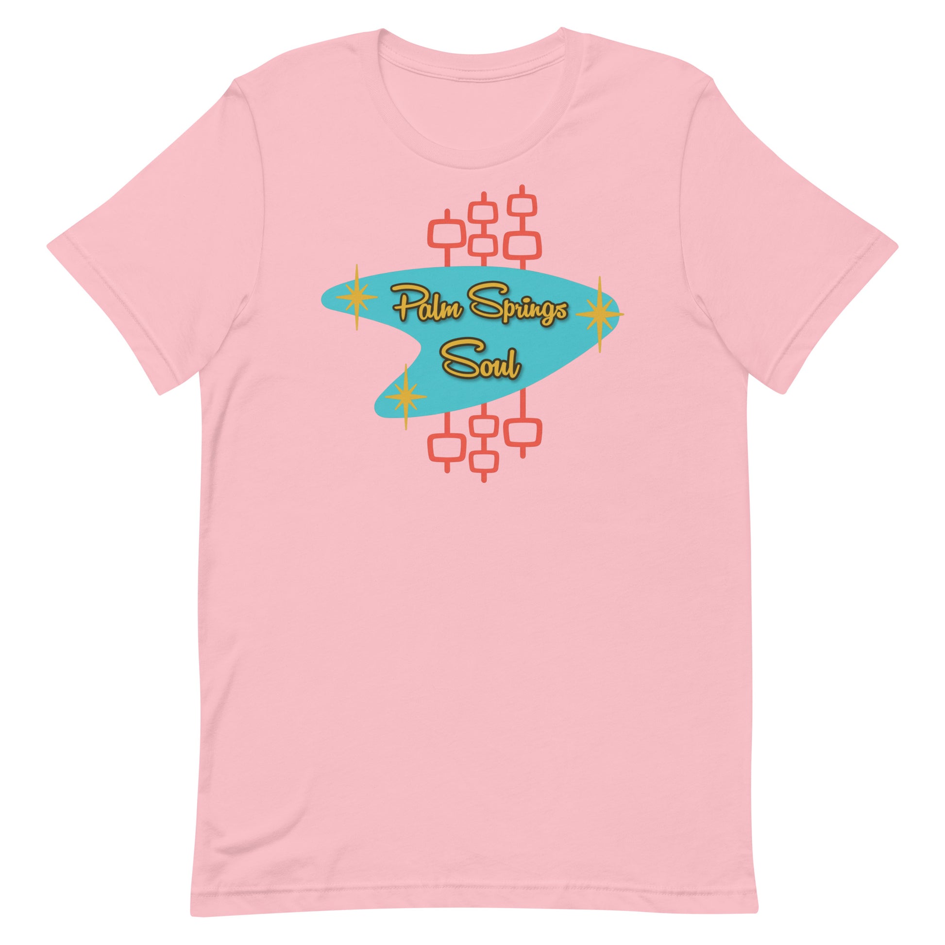 Pink t-shirt with 'Palm Springs Soul' design on a white background