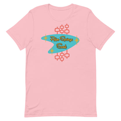 Pink t-shirt with 'Palm Springs Soul' design on a white background