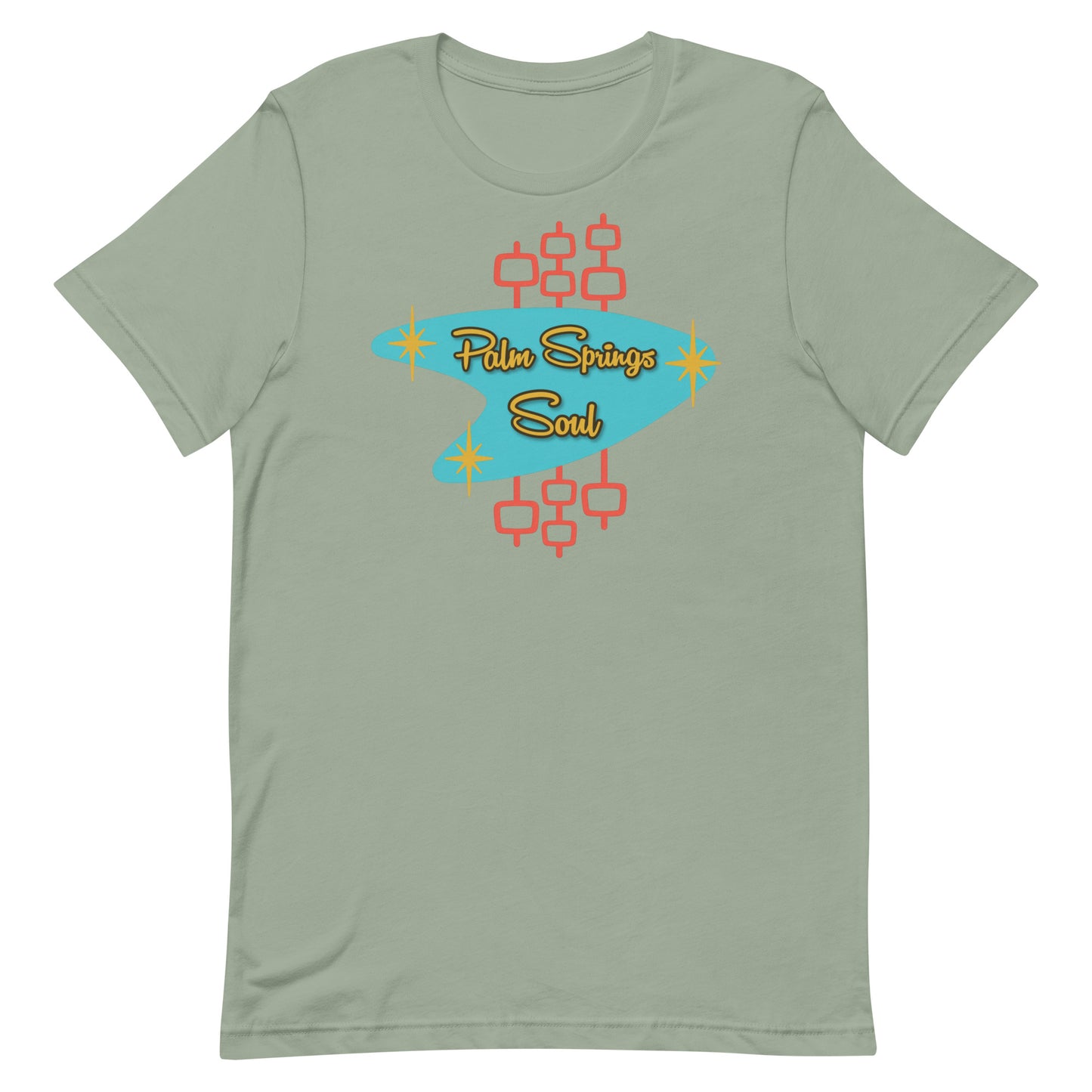 Sage Green t-shirt with 'Palm Springs Soul' design on a white background