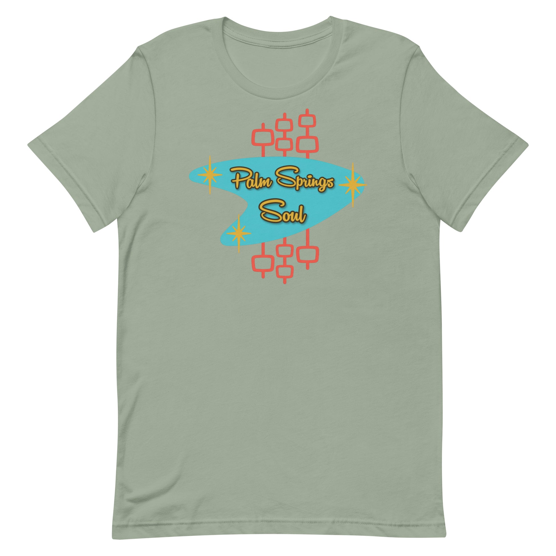 Sage Green t-shirt with 'Palm Springs Soul' design on a white background