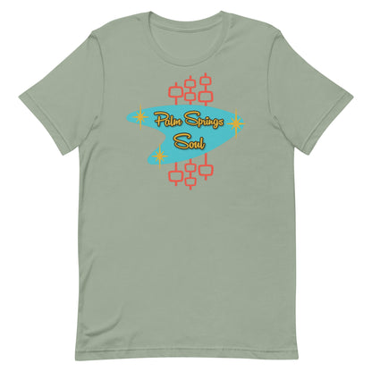 Sage Green t-shirt with 'Palm Springs Soul' design on a white background