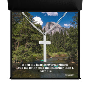 Sacred Cross Necklace, Bible Verse Psalm 61:2, Yosemite River Valley in box