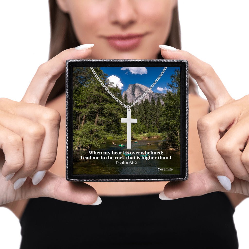 Sacred Cross Necklace, Bible Verse Psalm 61:2, Yosemite River Valley being gifted by woman