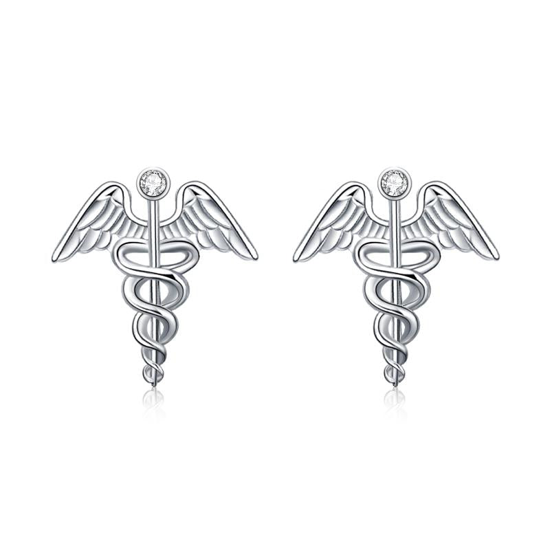 Sterling Silver Medical Symbol Studs with White Crystal Jewelry Earrings