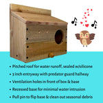 Load image into Gallery viewer, KingWood Little Owl Box specs and flip base for debris removal
