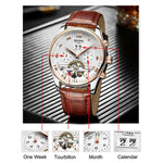 Load image into Gallery viewer, Swiss Tourbillon Mechanical Watch By KINYUED brown closeup of funtions
