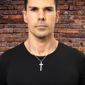 Sacred Cross Necklace, Bible Verse Psalm 61:2 on man with black shirt