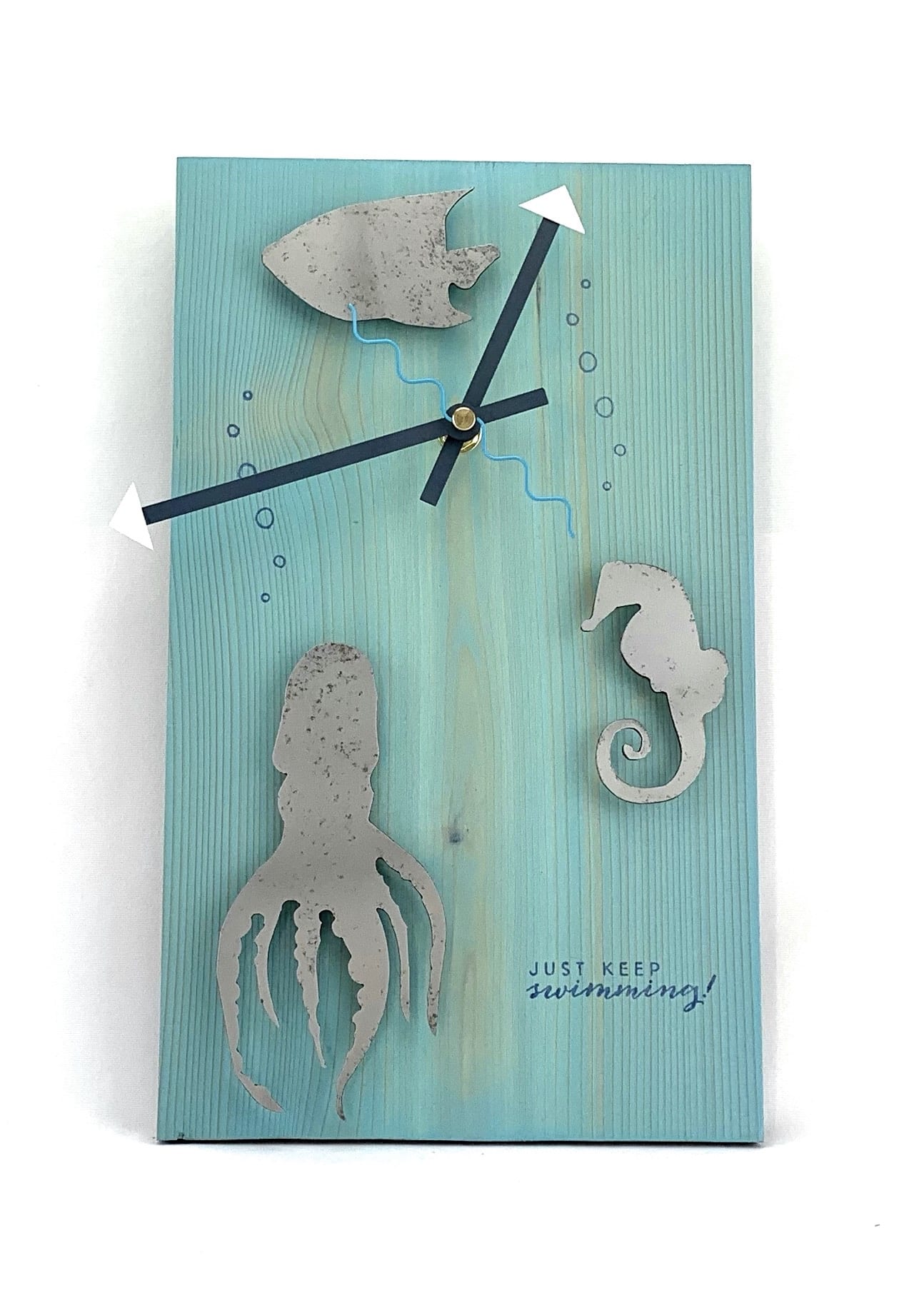 Sold KingWood Wood & Metal Wall Clock "Just Keep Swimming" 