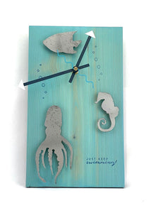 Sold KingWood Wood & Metal Wall Clock "Just Keep Swimming" 
