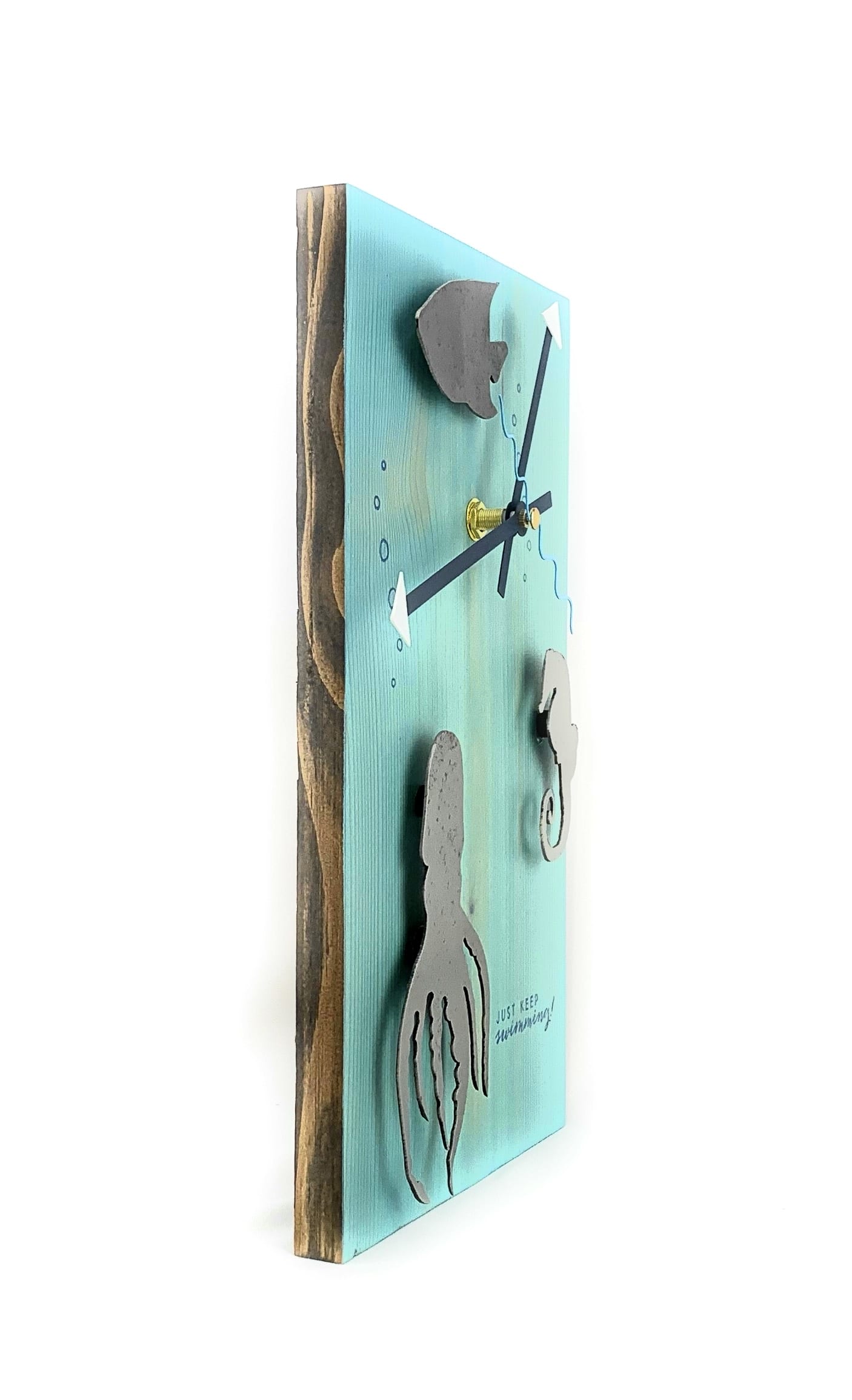 Sold KingWood Wood & Metal Wall Clock "Just Keep Swimming" 