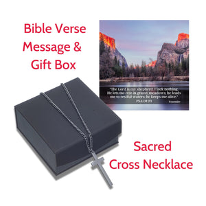 Sacred Cross Necklace, Bible Verse Psalm 23, Yosemite Sunset