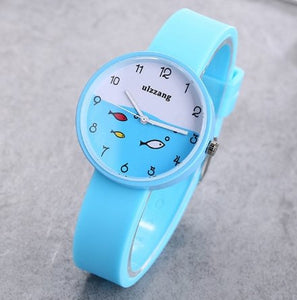 Silicone Strap Fashion Quartz Wristwatch Fish Dial Cartoon Kids Clock